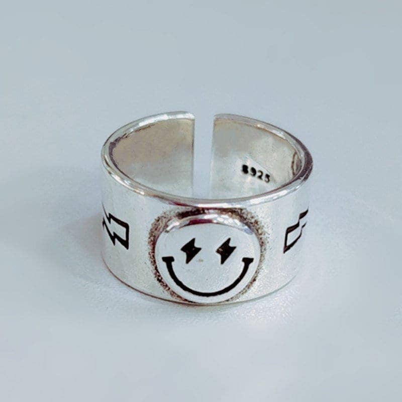 Smiley Smile Face Couple Matching Band Ring in Solid Copper: Silver