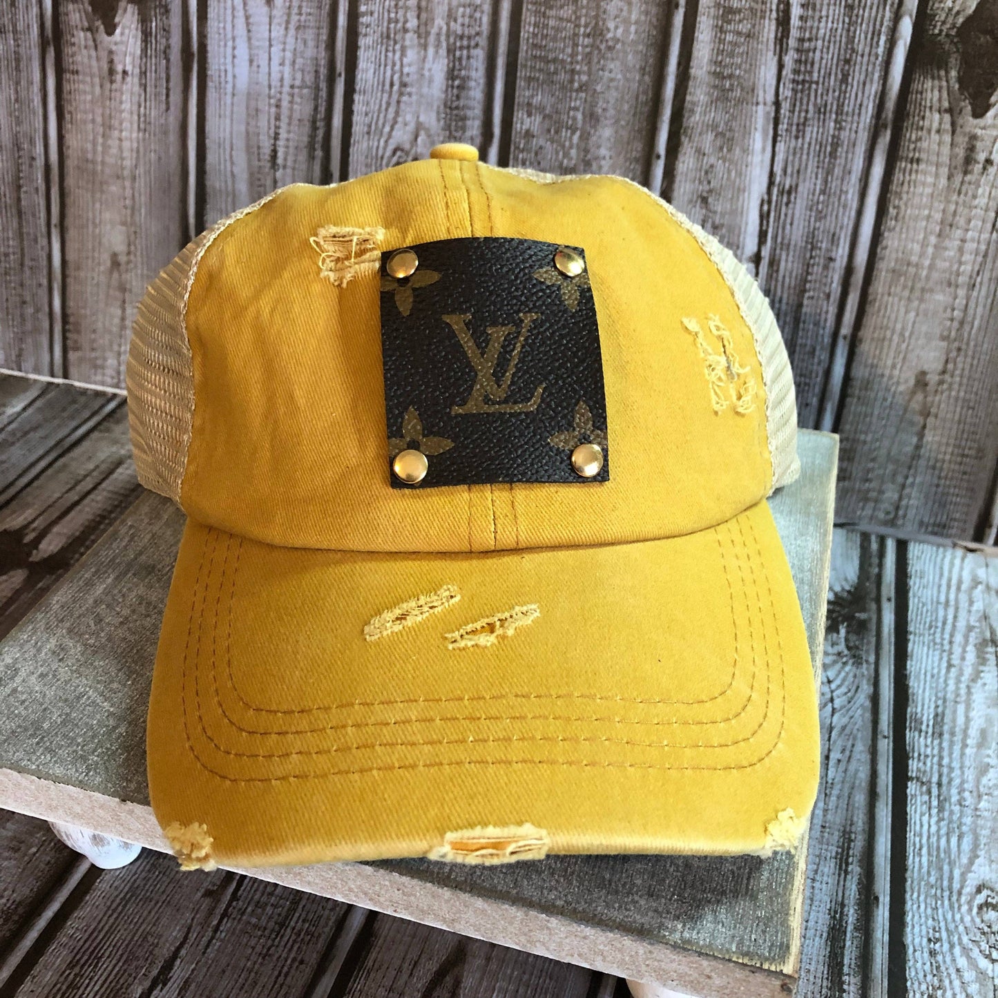 Upcycled Criss Cross Mustard Ponytail Trucker Hat  Print Leather