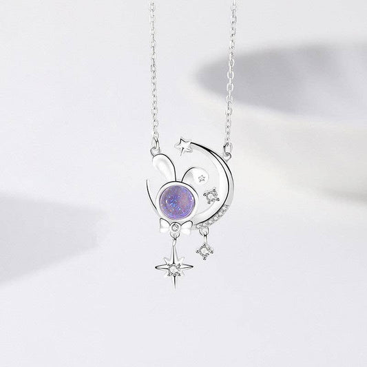 Moon Star Bunny Rabbit Opal Necklace in 925 Sterling Silver