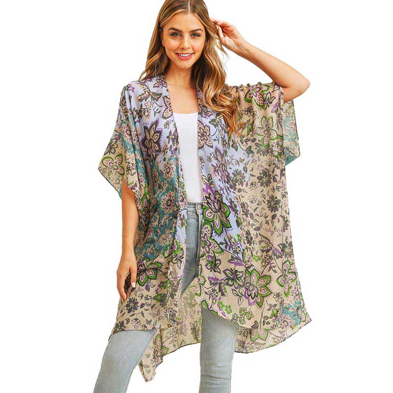 Multi Flower Patterned Cover Up Kimono Poncho