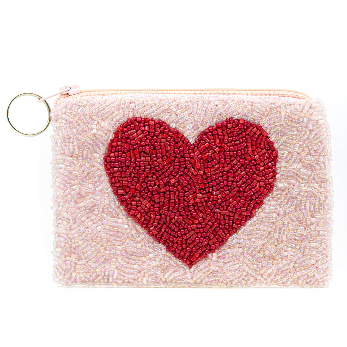 Hand Beaded Keyring Coin Pouch - White w/ Red Heart