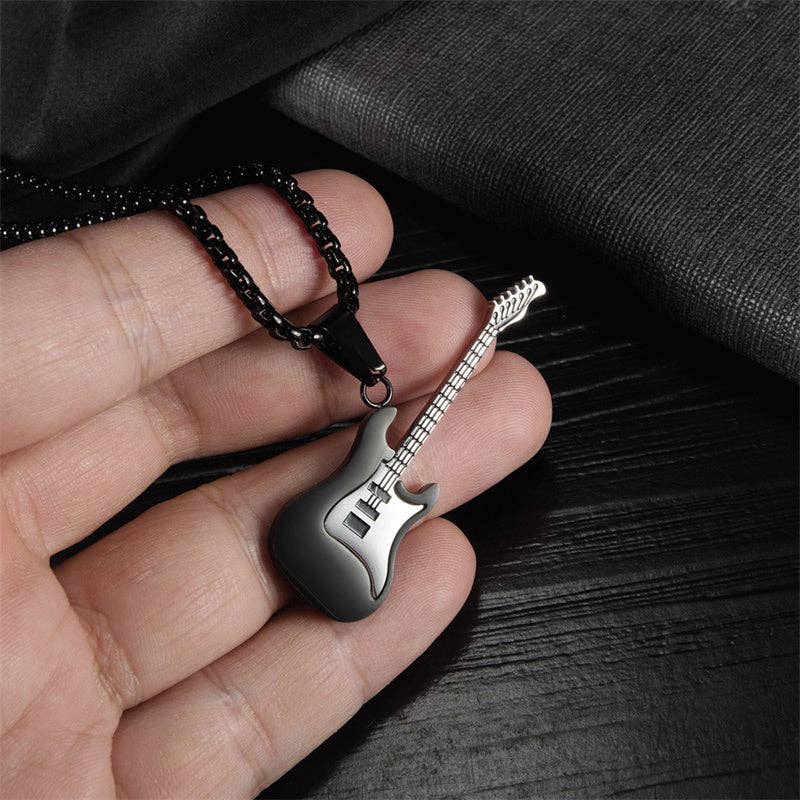 Classic Guitar Charm Pendant Necklace in Stainless Steel: Black / 70cm  Chain