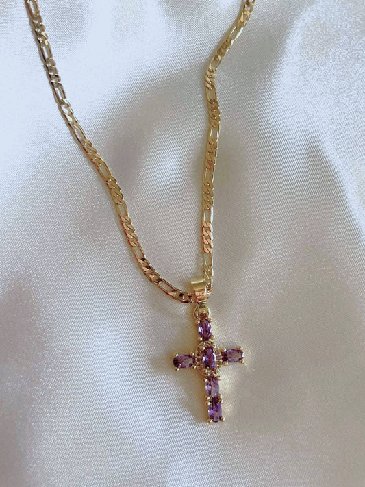 Baguette Figaro Cross Necklace: Violet