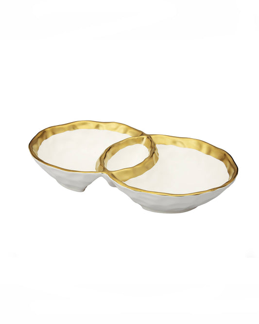 White Porcelain Round Double Bowl with Gold Rim