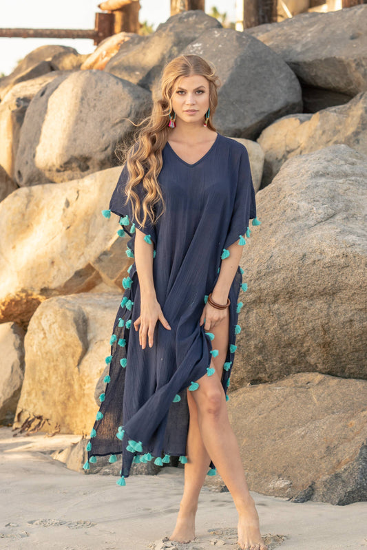 Positano Caftan in Navy With Turquoise Tassel