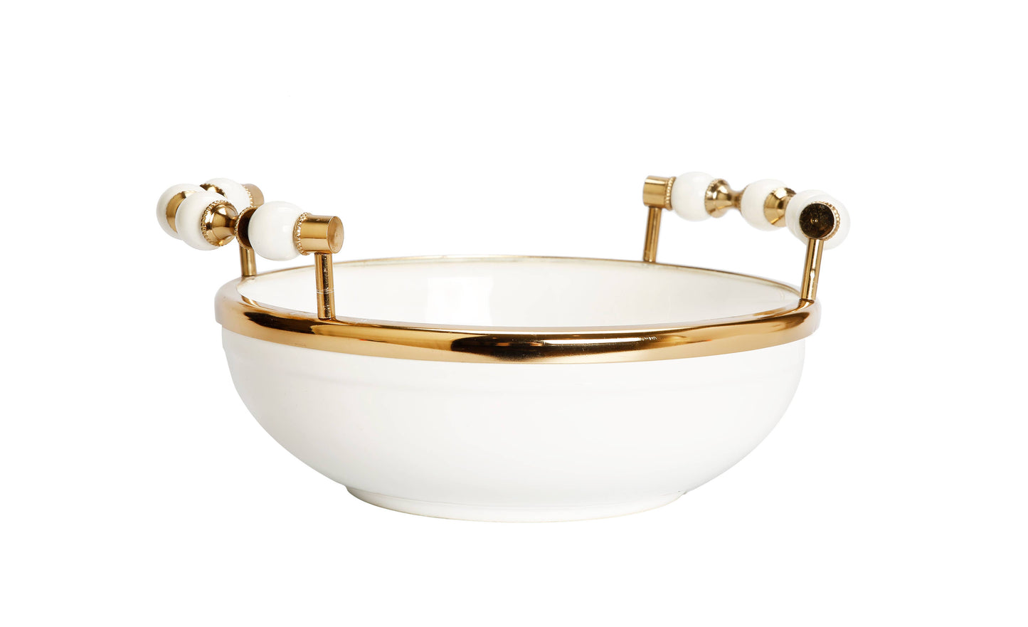 White Round Bowl with Gold and White Beaded Design 
Handles