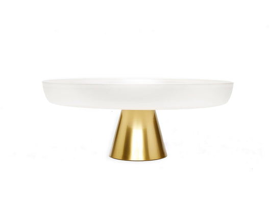 White Glass Cake Plate on Gold Stem