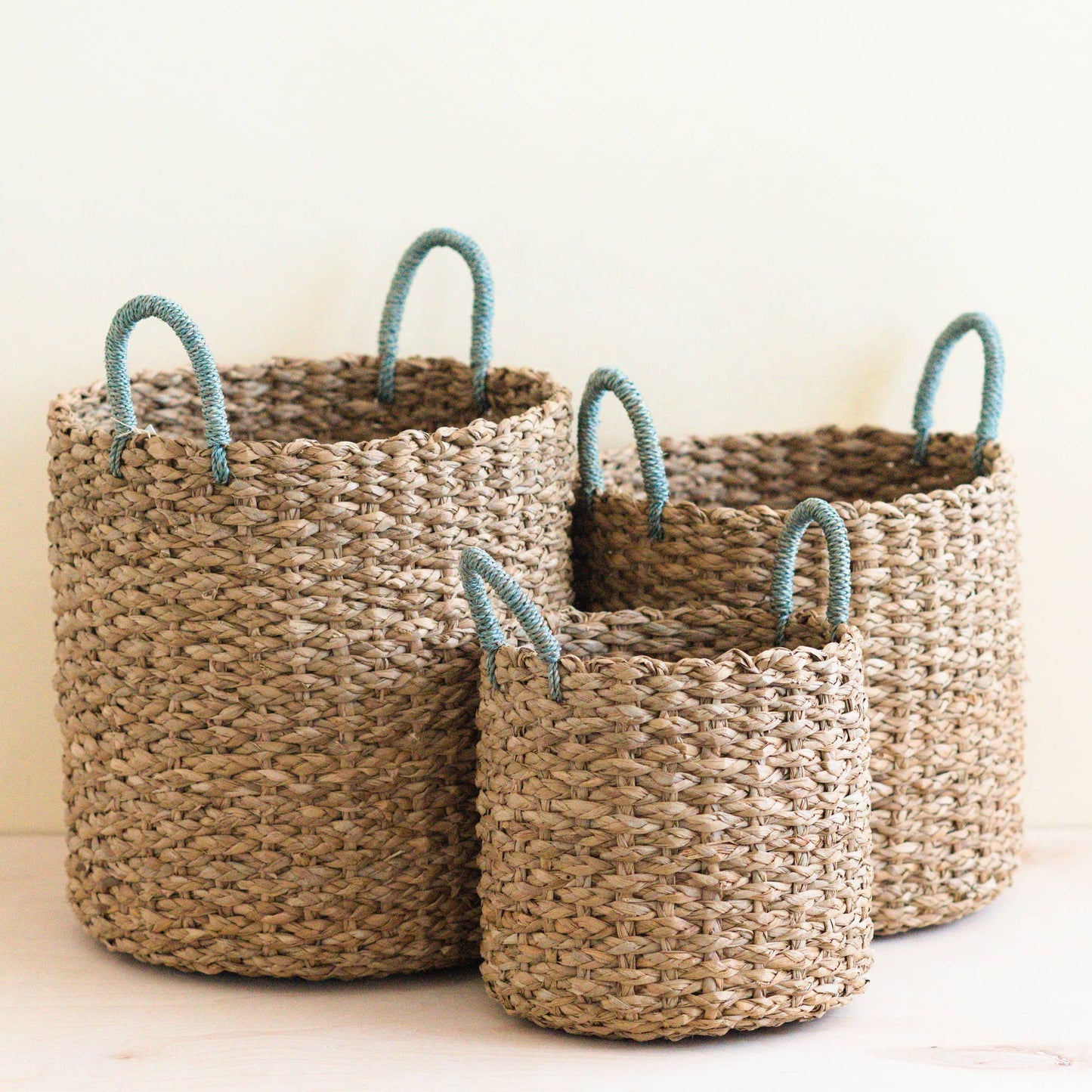 Seagrass Woven Baskets with Sky Blue Handle Set of 3 - Straw