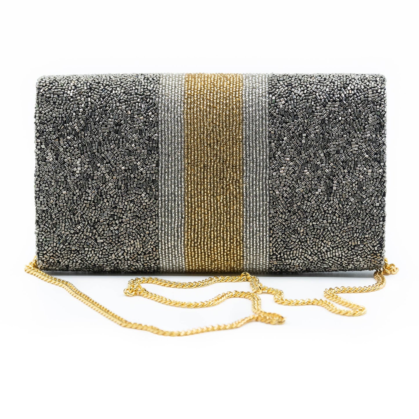 Hand Beaded Flap Front Purse - Graphite, Silver and Gold