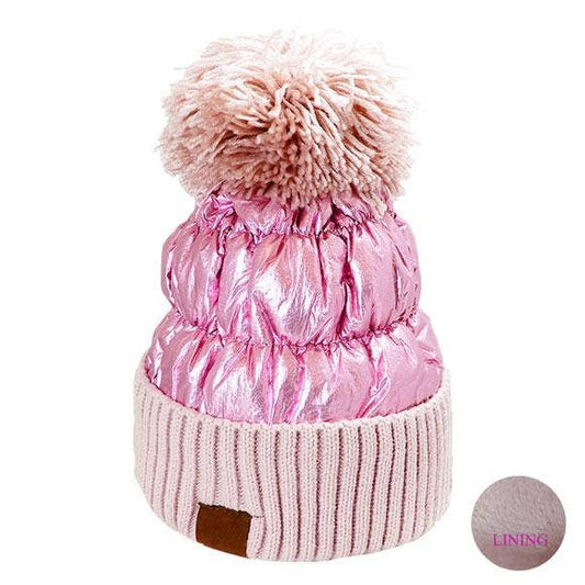 Winter Cozy Puffer Knit Pom Pom Glossy Beanie Hat