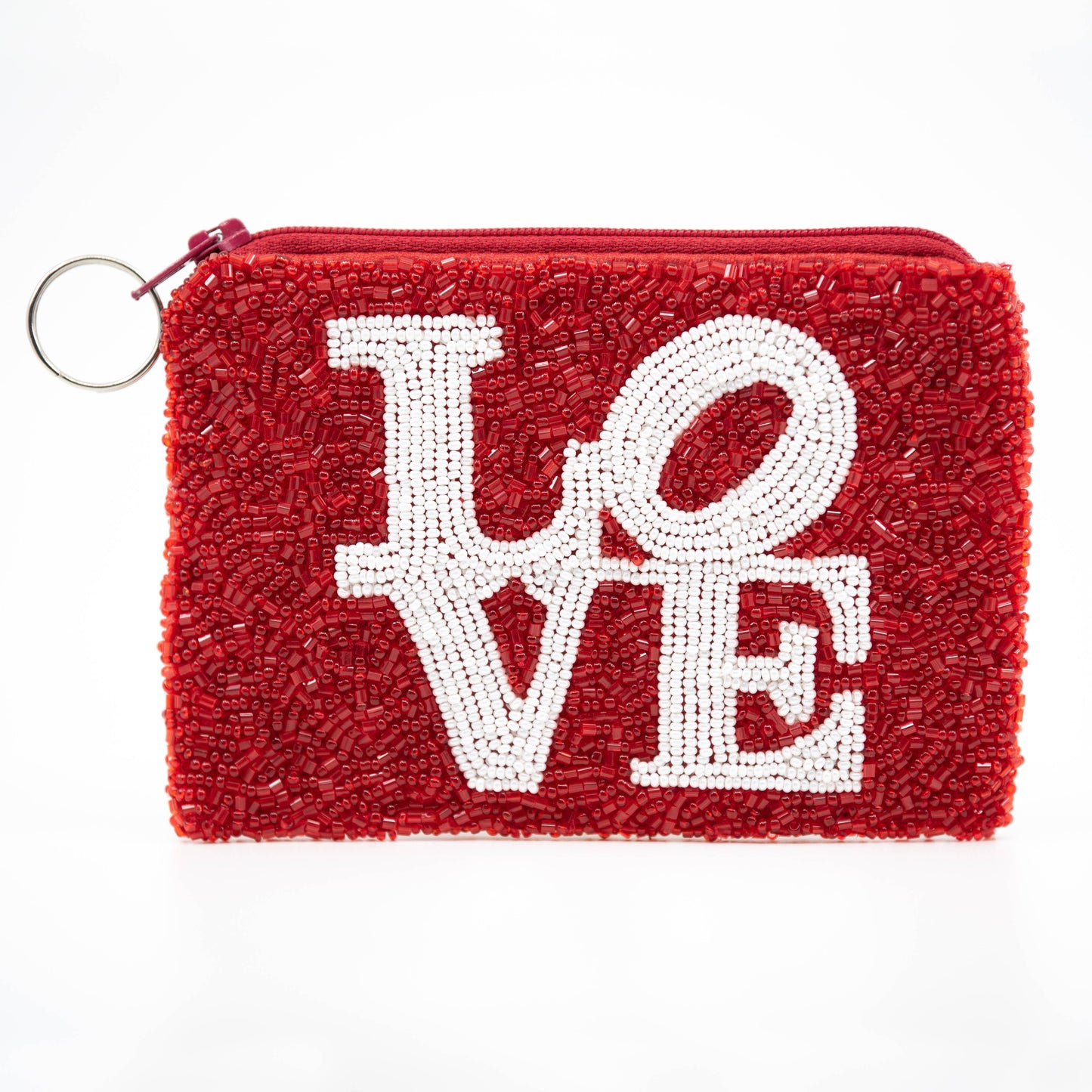 Hand Beaded Keyring Coin Pouch - LOVE Red/White