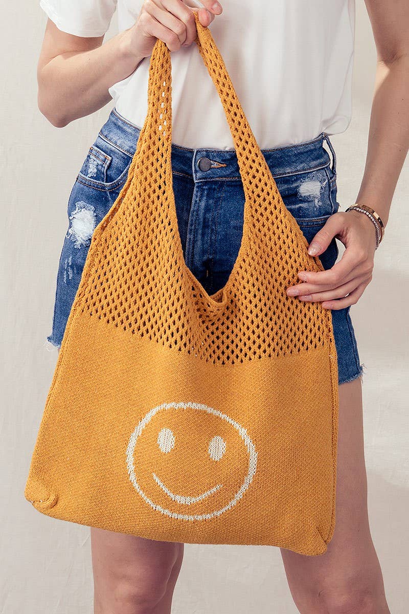 SMILEY CROCHET KNIT SLOUCHY TOTE BAG