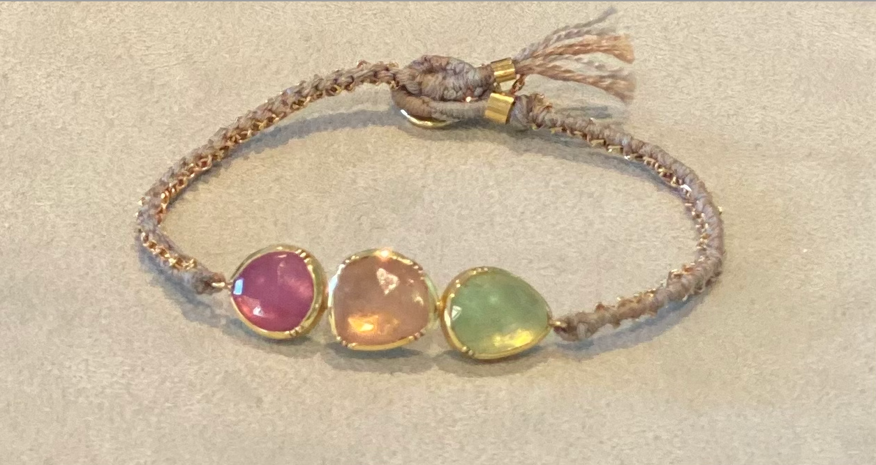 Triple Orbit Emerald, Pink Sapphire, Silk Gold Bracelet