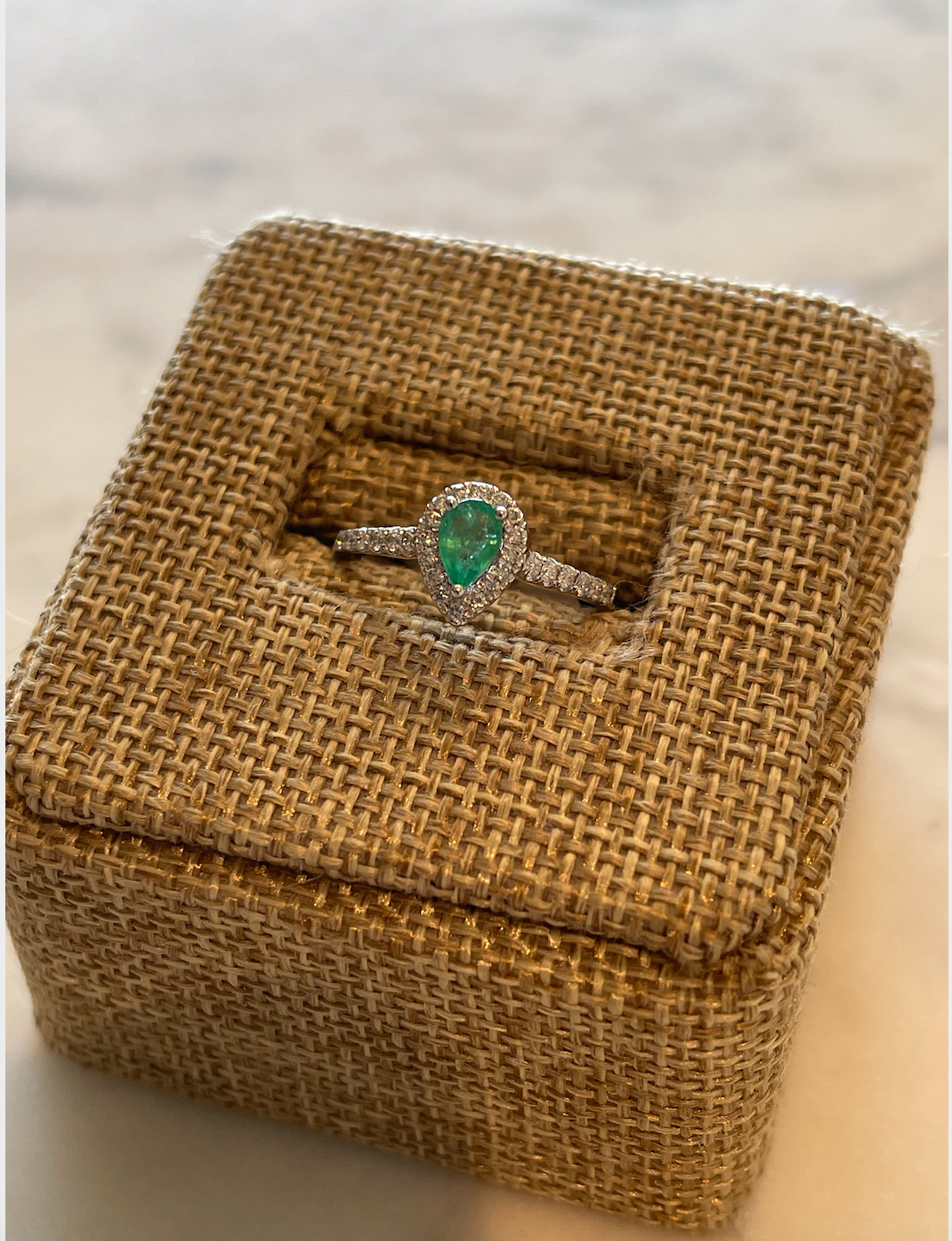 White Gold and Diamond ring with Pear Shape Emerald