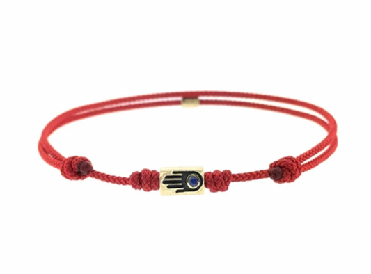 Gold Hamsa Relief With Sapphire On Cord Bracelet