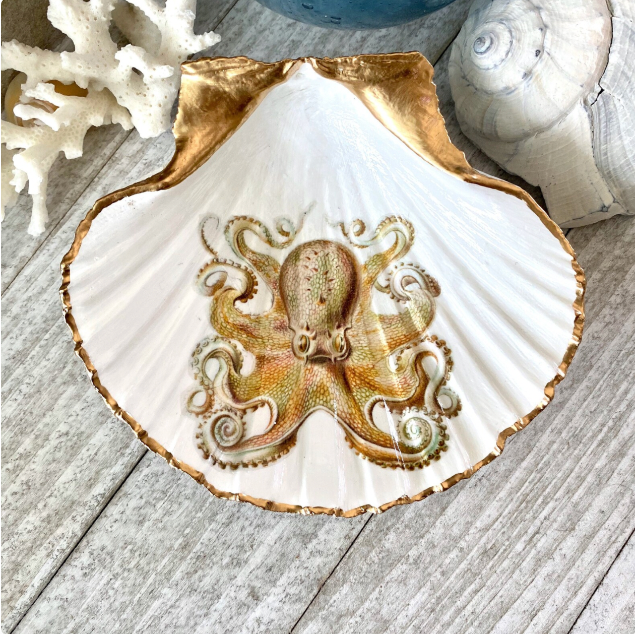 Scallop Shell Octopus Art Trinket/Ring Holder Dish