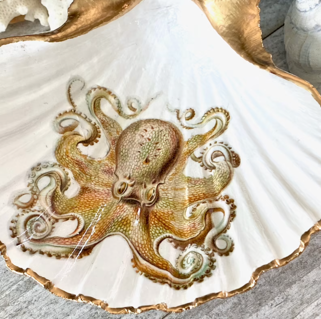 Scallop Shell Octopus Art Trinket/Ring Holder Dish