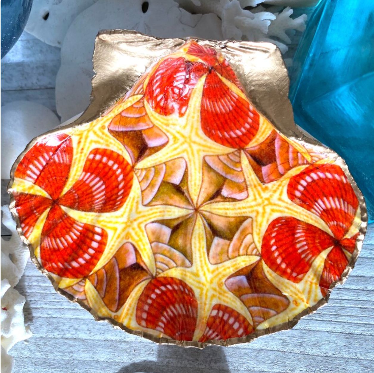 Scallop Shell Starfish Art Trinket/Ring Holder Dish