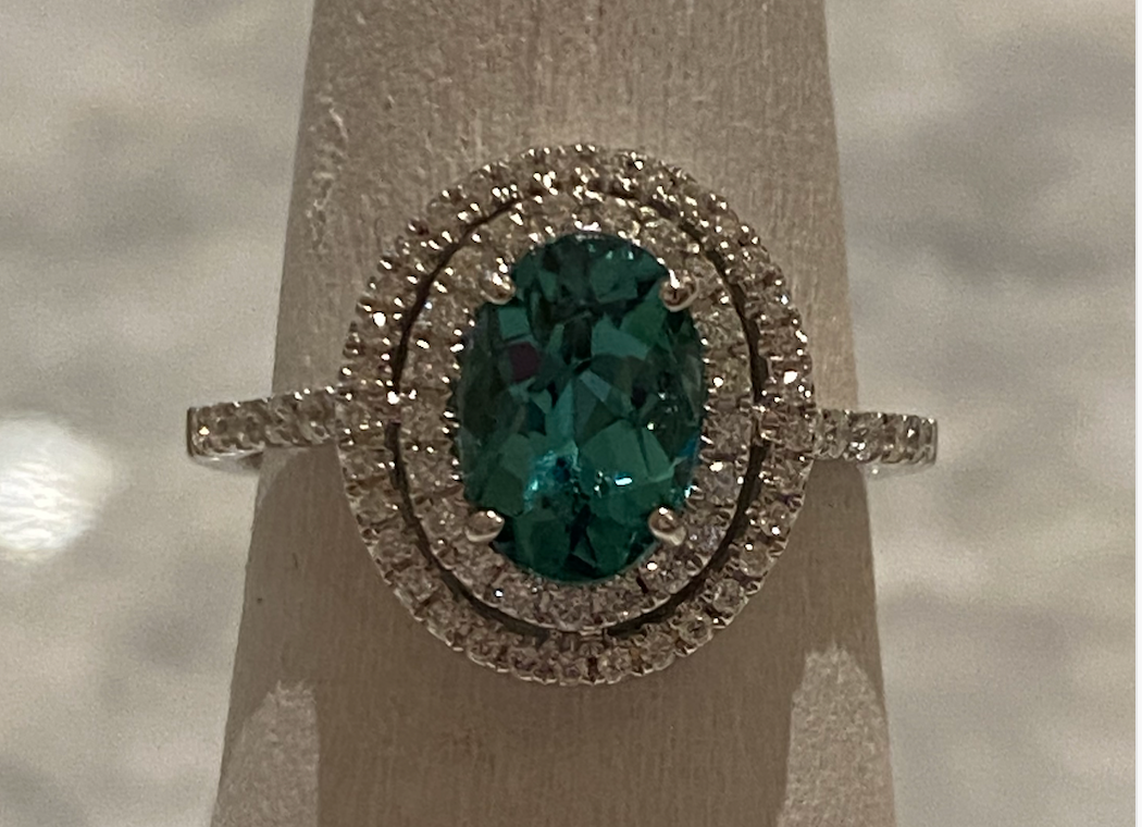 Green Tourmaline and Diamond Ring 14k White Gold