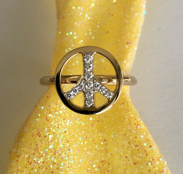 14k Yellow Gold and Diamond Peace Sign Ring