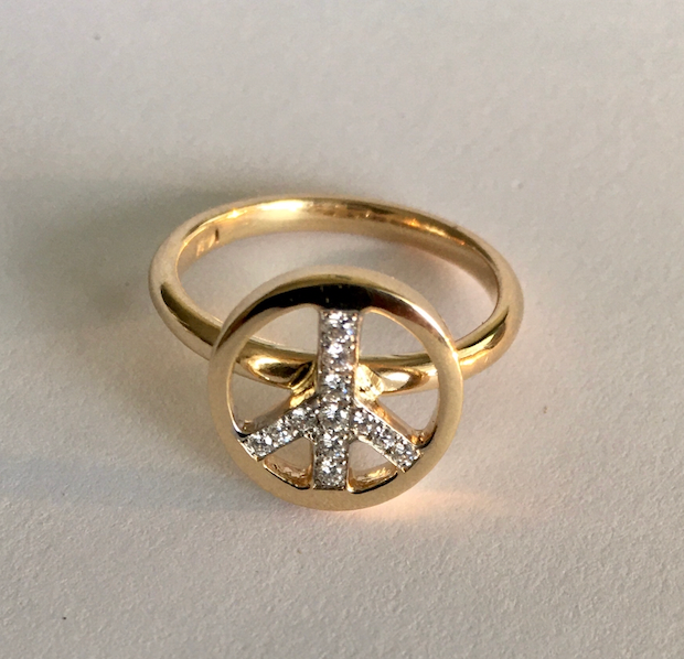 14k Yellow Gold and Diamond Peace Sign Ring