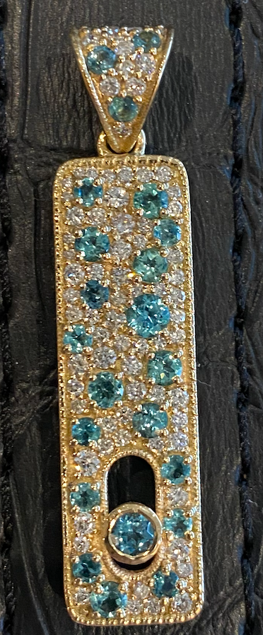 Jefferey Burroughs 14k yellow gold Paraiba Tourmaline + diamond pendant