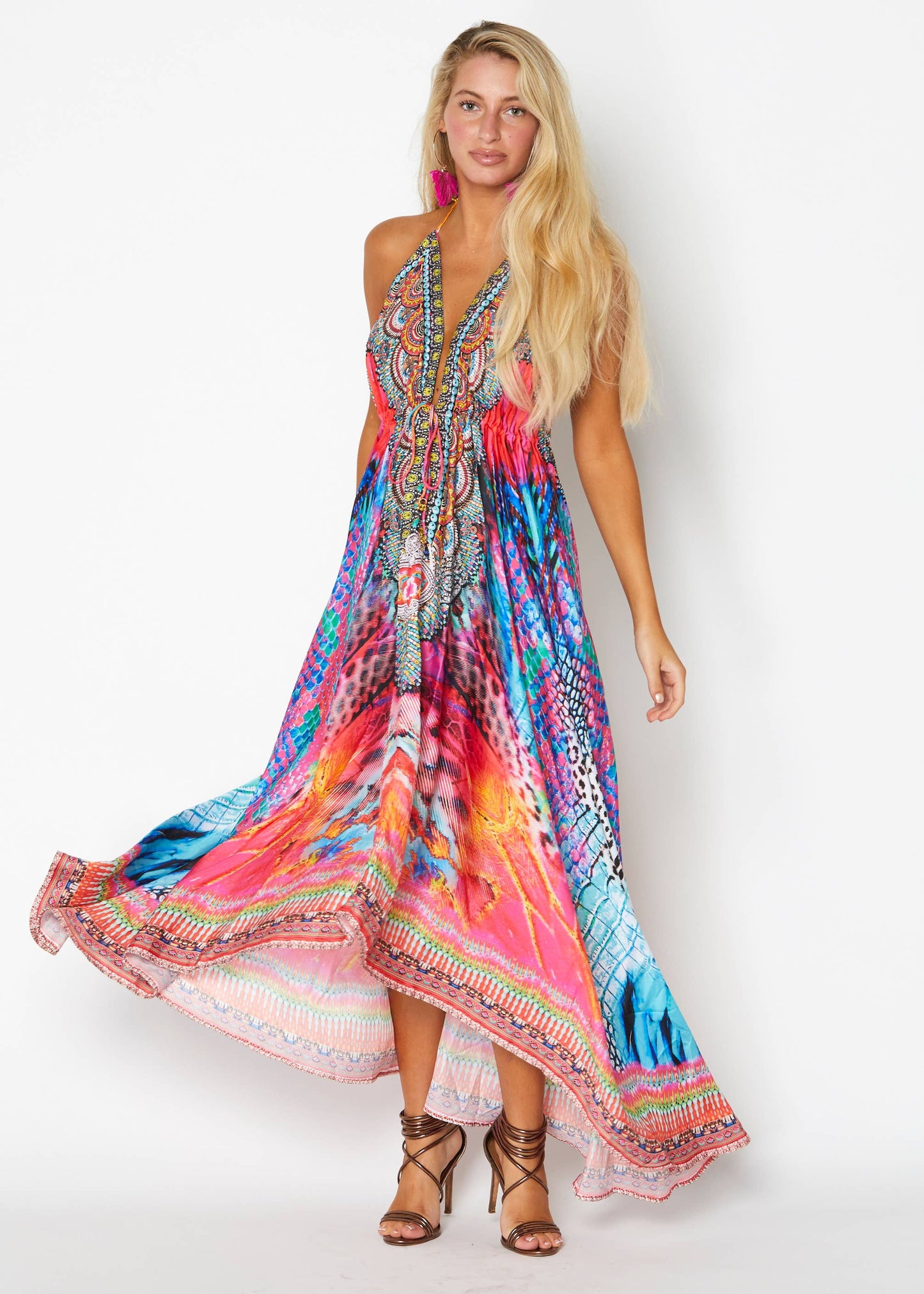 Pink Multi color Hawaii Halter Dress