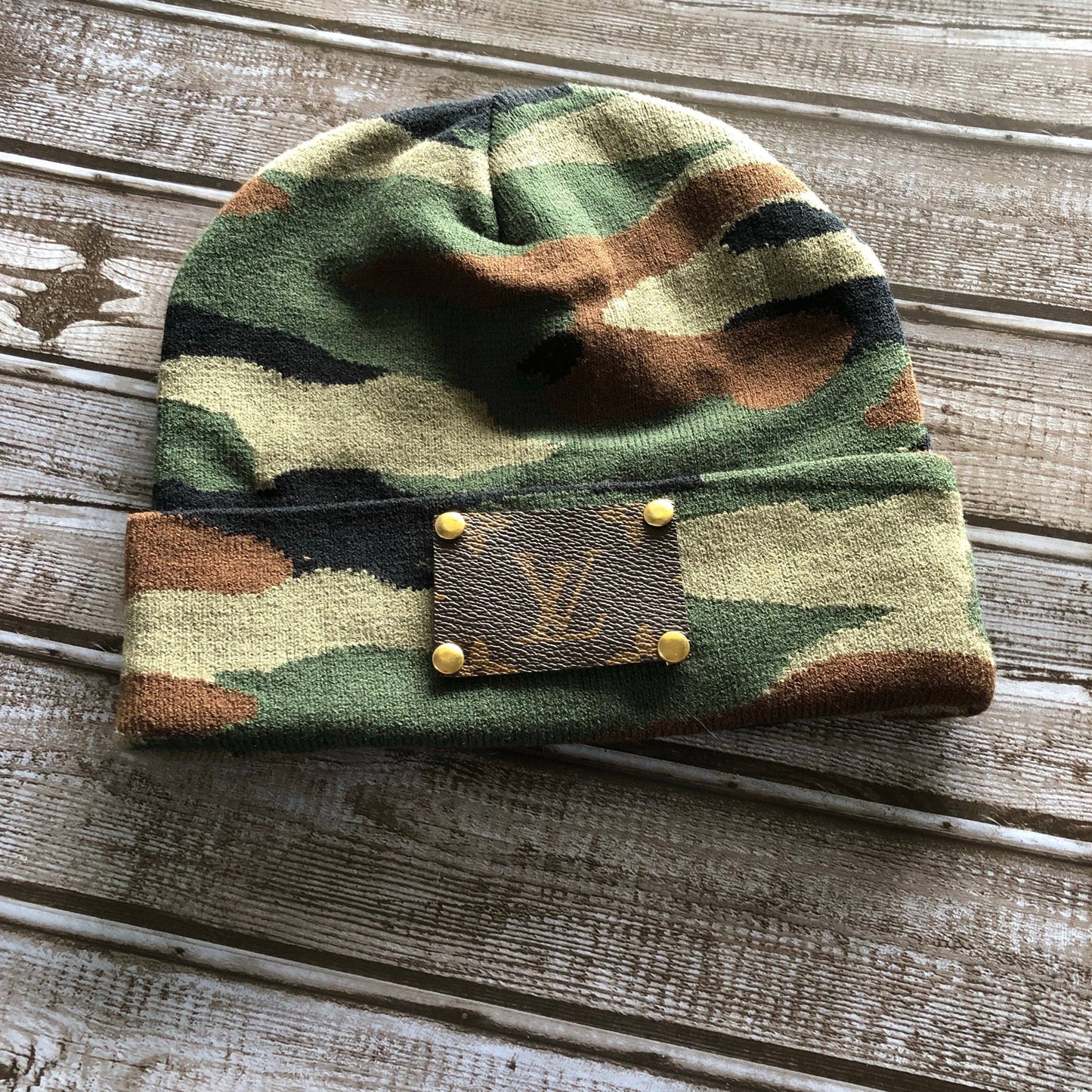 Repurposed Camo Beanie with LV Patch and Gold Studs