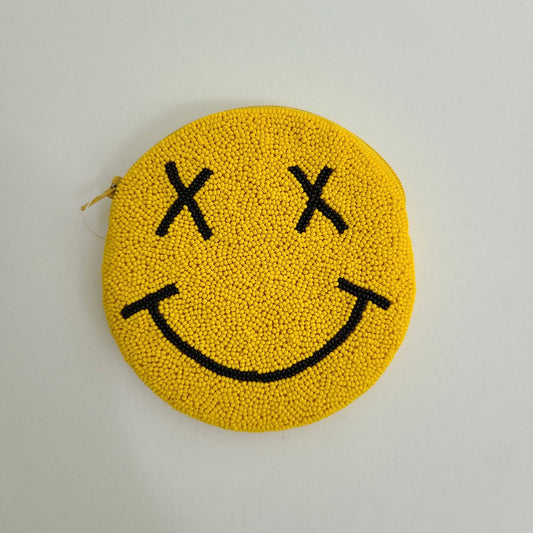 Hand Beaded Purse - Yellow Smiley With X Eyes