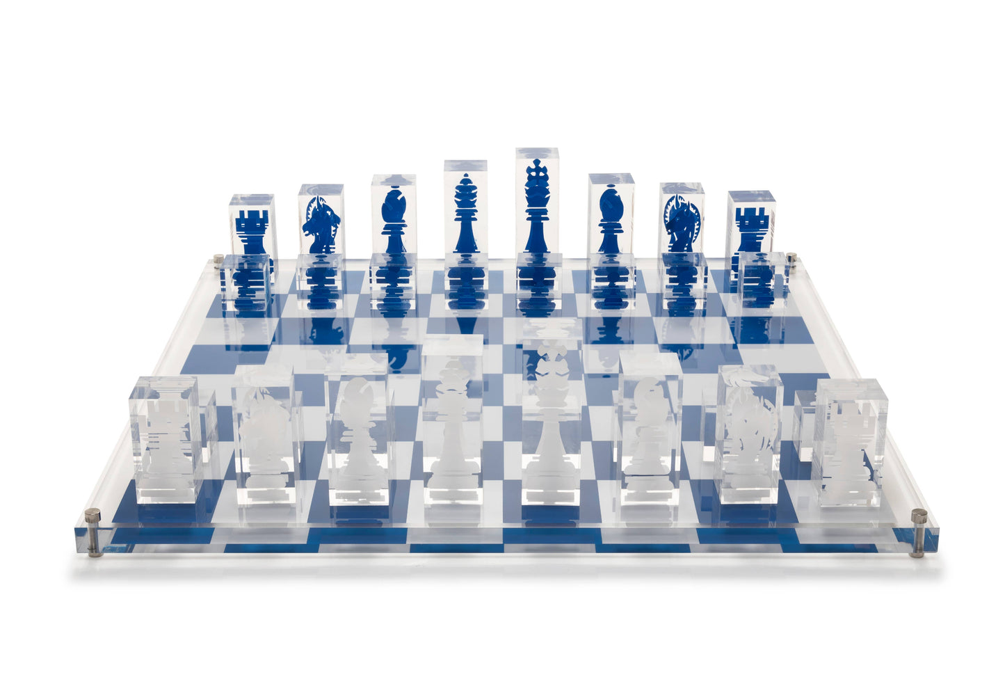 Acrylic Chess Set in White and Dark Blue Pieces