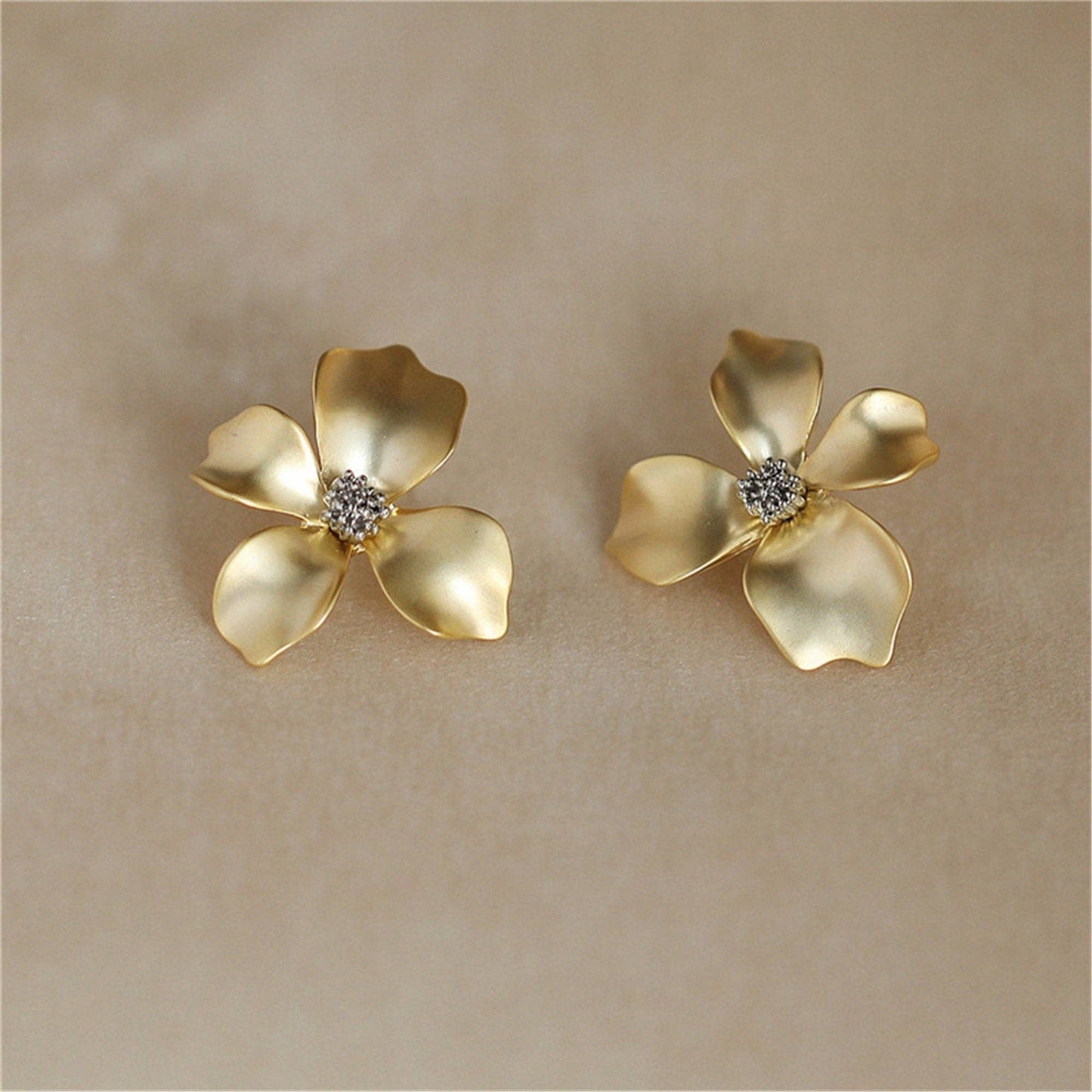 Gold Flower Petal Silver Post Stud Earrings in Solid Copper