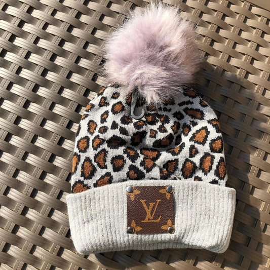 Repurposed Beanie Leopard Print Gray with studs