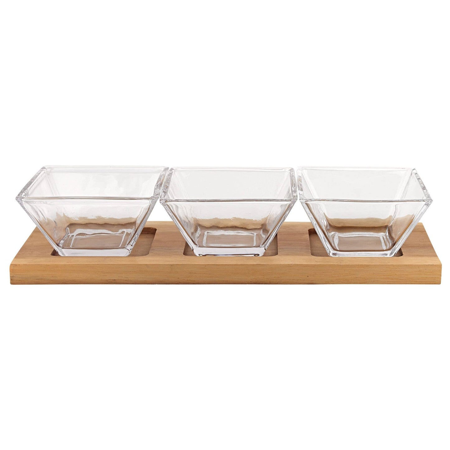 Hostess Set With 3 Glass Condiment Bowls on a Wood Tray