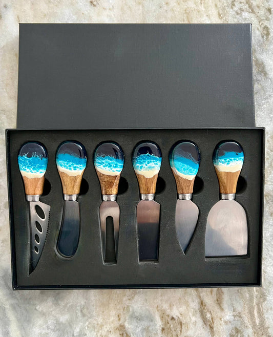 Cheese Utensil Set of 6 with black box with Acacia Wood