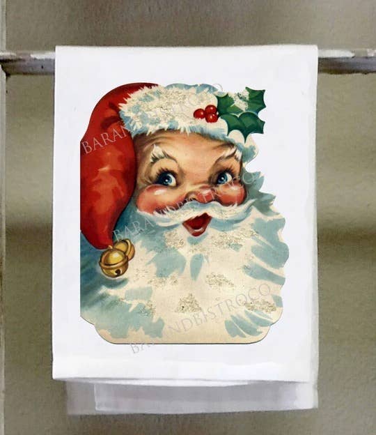 Dish Towel, Christmas, Vintage Santa Red Hat With Holly