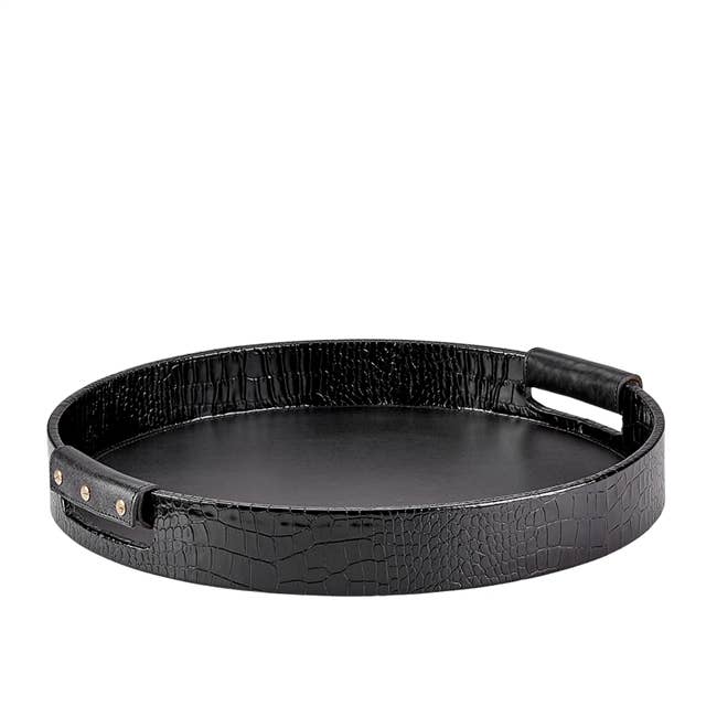 ROUND LEATHER TRAY BLACK CROC