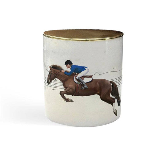 Equestrian Horse Marble Candle Blue Jockey - Gold Lid