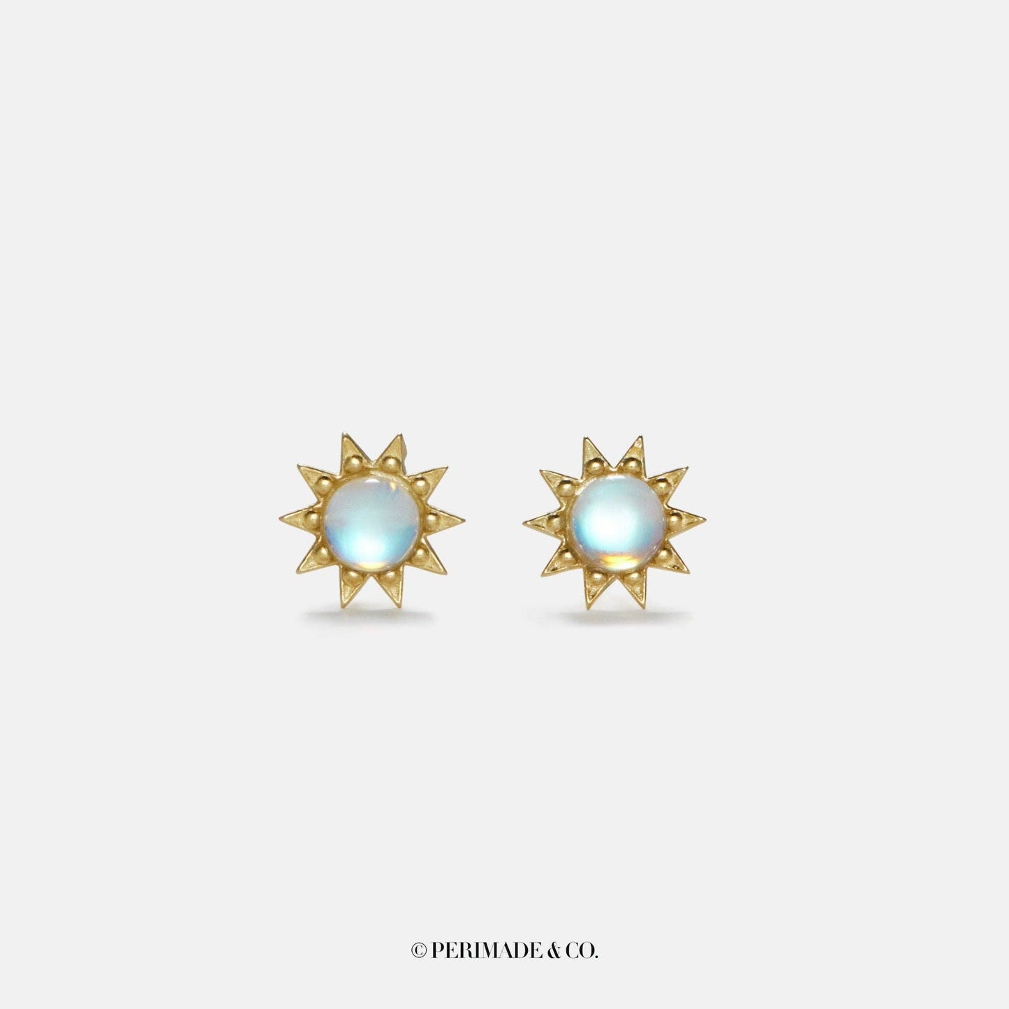 Sun Moonstone Stud Earrings in 925 Sterling Silver: Gold