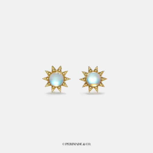 Sun Moonstone Stud Earrings in 925 Sterling Silver: Gold