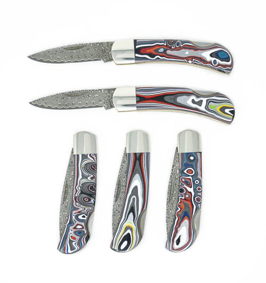 Santa Fe Stoneworks - 3" Damascus Lockback Knife in Fordite one side wood back