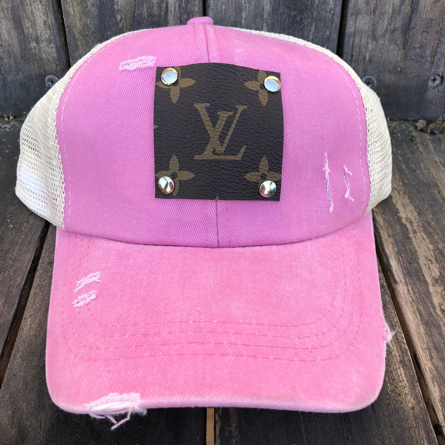 Upcycled Criss Cross Bubblegum Pink Ponytail Trucker Hat  Print Leather