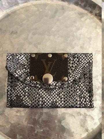 Upcycled Leather Card Holder BLACK AND SILVER Snakeskin