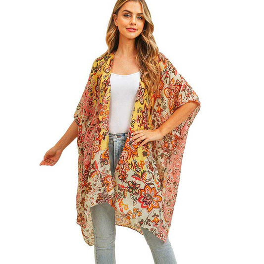 Multi Flower Patterned Cover Up Kimono Poncho