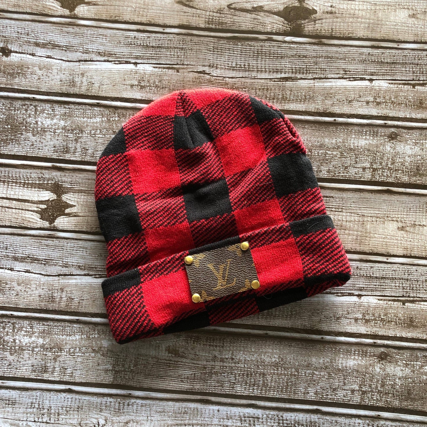 Repurposed Red Buffalo Checked Beanie with LV Patch and Gold Studs