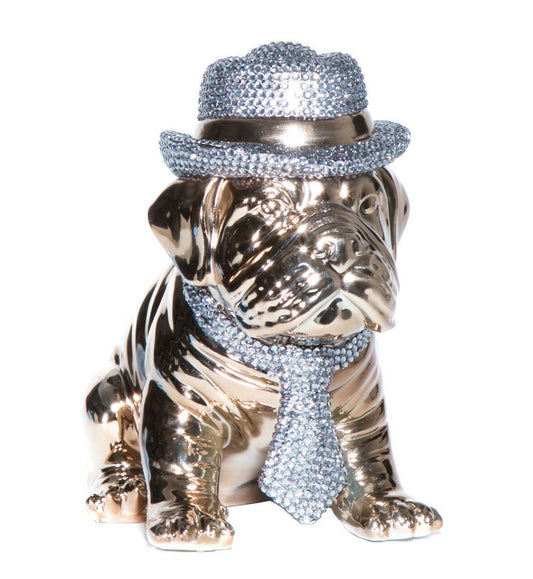 Bronze Bulldog with Encrusted Rhinestone Hat & Tie-10" Tall