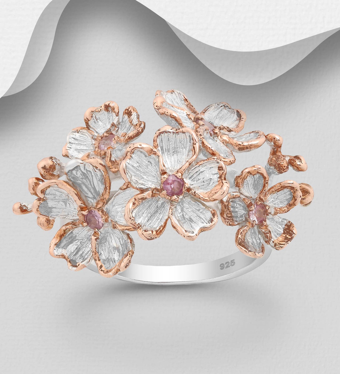 Pink Sapphire Flower Sterling Silver Ring