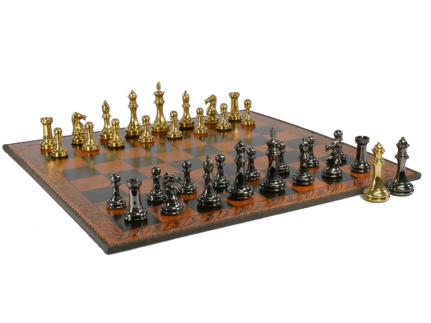 Chess Set - Brass Staunton Pieces on 23" Brown & Black Board